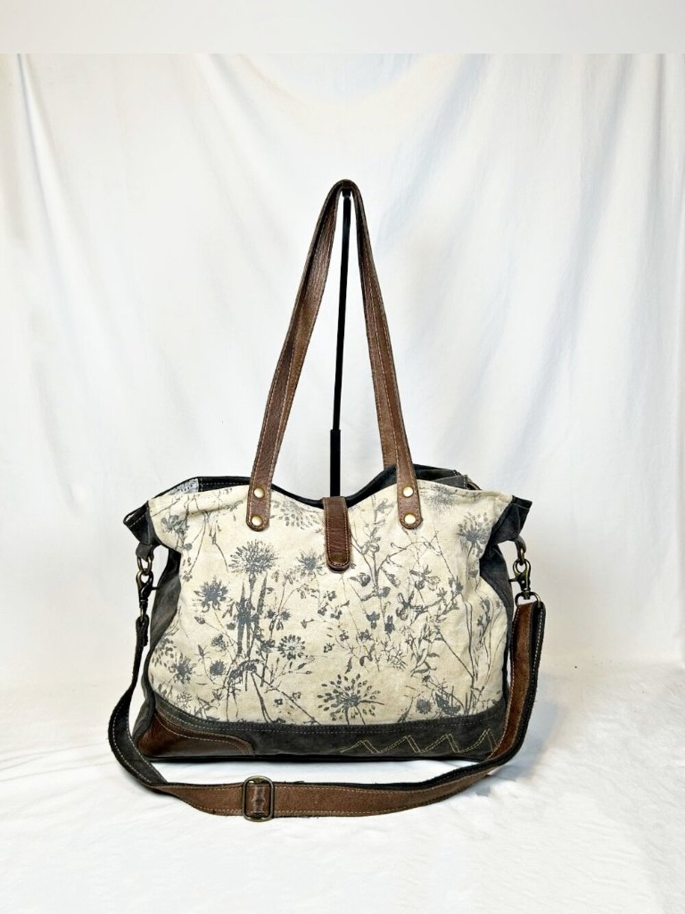 Myra Bag Mystique Large Floral Canvas Leather Messenger Cross Body Lap Top Tote